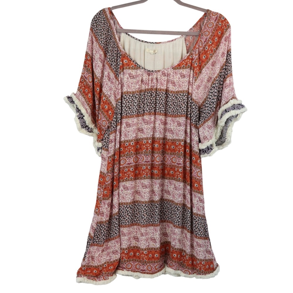 Easel Pink Orange Pattern Tunic Dress Boho Fringe Mixed Print Size Medium